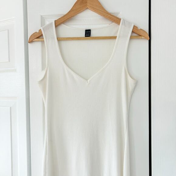 SHEIN White Ribbed Sleeveless Midi Tank Dress Size M V-Neck Side Slit EUC - Picture 4 of 6